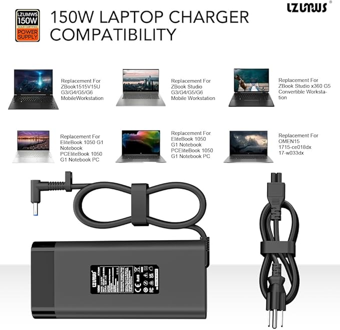 150W AC Adapter for HP Laptop Charger 19.5V/7.7A Power Supply with 4.5x3.0mm Tip Compatible with HP Victus/OMEN 15 17 /Pavilion Gaming/ZBook Fury/Studio
