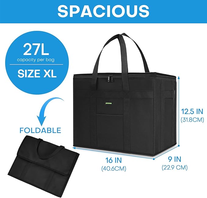 JUNGYOON 2-Pack Heavy-Duty Insulated Grocery Bags & Picnic Basket – Collapsible Cooler Bag with Zippered Top | Reusable Shopping Bags for Groceries, Picnics, Easy Storage(XL Black)