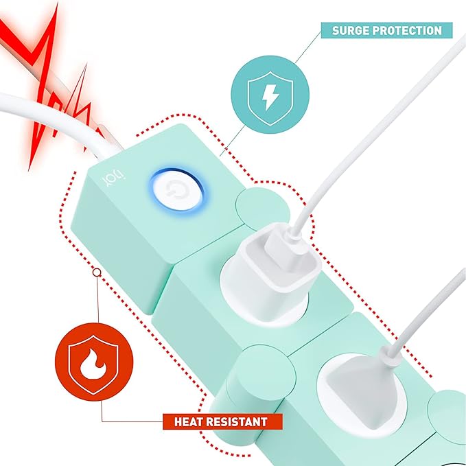 iJoy Flexible Power Strip - 3 AC Outlets and 2 USB Charging Ports with 5 Ft Extension Cord, Green Surge Protector Power Strip, Decorative Surge Protector Outlet Extender for Home, Office, and More