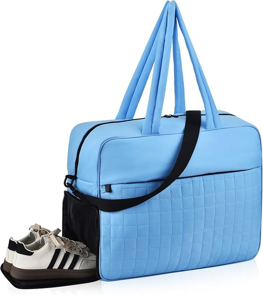 Felipe Varela Large Puffy Tote Bag, Gym Bags for Women with Shoe Compartment, Weekender Overnight Lightweight Carry on Puffer Duffle Bag for Travel (Blue,36L)