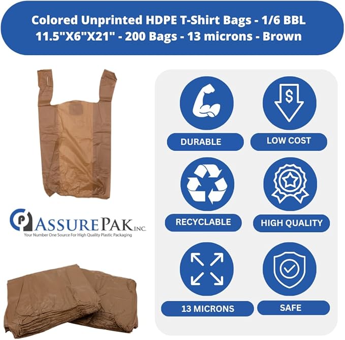 Brown HDPE T-Shirt Plastic Bags for Retail, Groceries, Merchandise, Convenience Store, Supermarket, Restaurant - 1/6 BBL, 11.5"X6"X21" - Pack of 200 Bags, 13 Microns - Unprinted (Brown)