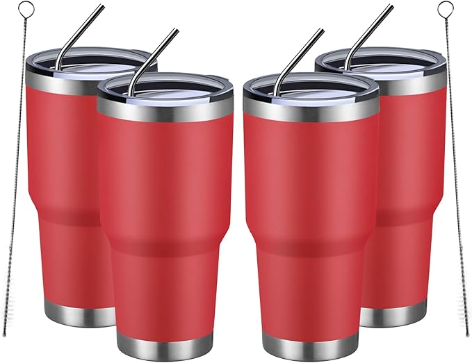 MEWAY 30oz Insulated Tumbler With Lids and Straws,Stainless Steel Double Vacuum Coffee Tumbler Cup, Brush, Durable Powder Coated Coffee Cup for Cold & Hot Drinks, Office, Travel(Coral red,4 PACK)