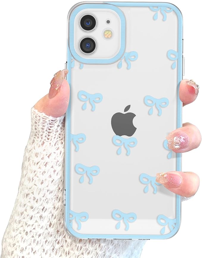 EYZUTAK Case for iPhone 12, Clear Cute Ribbon Bowknot Pattern Aesthetic Transparent Phone Case Raised Camera Protection Stylish Slim Soft Durable TPU Protective Cover for Women Girls - Blue