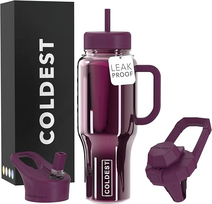Coldest Tumbler with Handle and Straw, 100% Spill Proof Tumbler with Straw (3 Lids), Stainless Steel Insulated Leakproof Tumblers for Women Men, 36 oz (Purple Lantern Reflections)