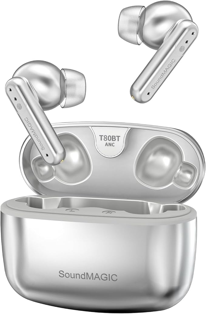 SoundMAGIC T80BT ANC True Wireless Earbuds with Hi-Res Audio,Hibrid Active Noise Cancelling, ENC Call Clarity, 20H Playtime, IPX5 Waterproof, Ultra-Comfy Fit for Sports/Work/Gaming (Silver)