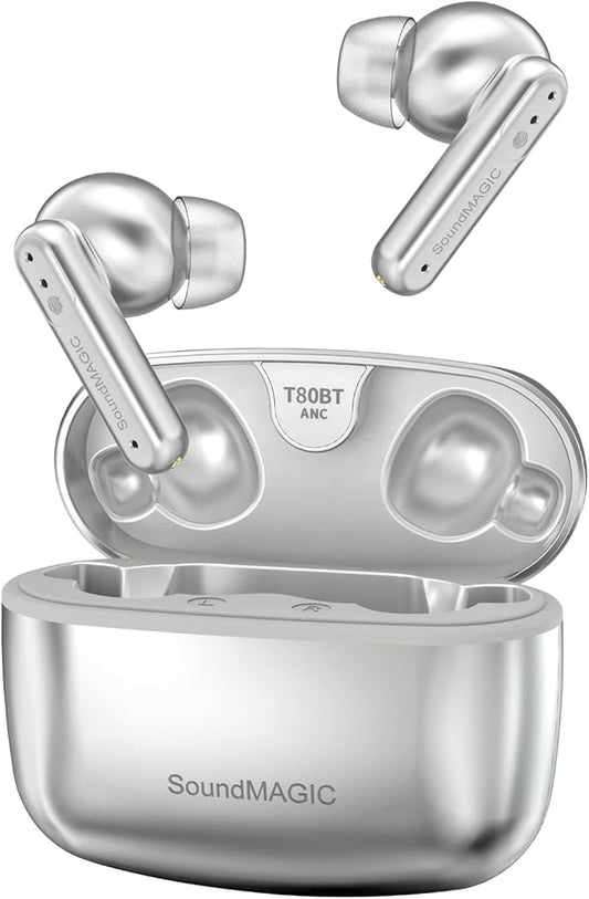 SoundMAGIC T80BT ANC True Wireless Earbuds with Hi-Res Audio,Hibrid Active Noise Cancelling, ENC Call Clarity, 20H Playtime, IPX5 Waterproof, Ultra-Comfy Fit for Sports/Work/Gaming (Silver)