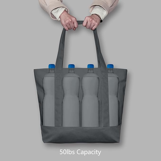 TOPDesign 3-Pack Canvas Tote Bags with an External Pocket, Reusable Grocery Shopping Bags, Top Zipper Closure, Daily Essentials (Grey)