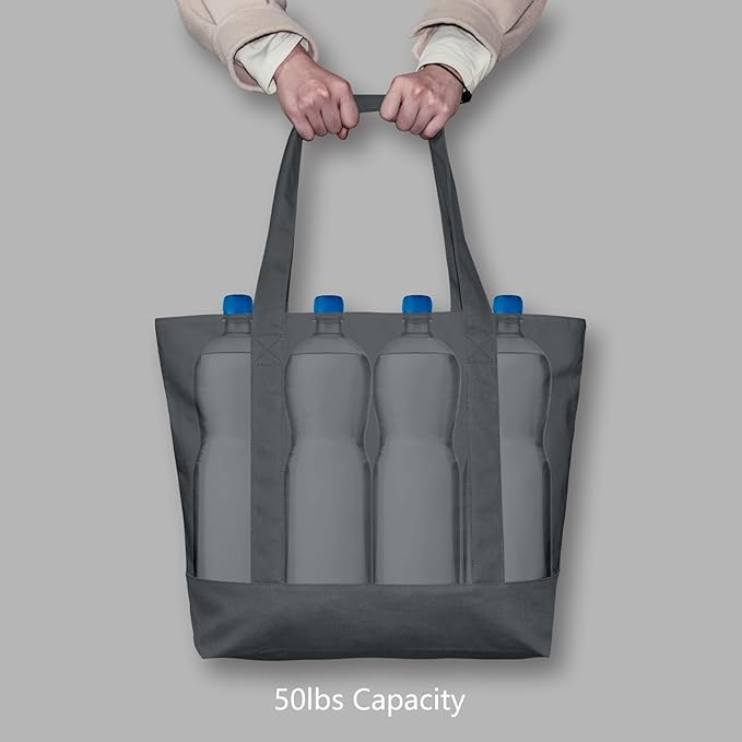 TOPDesign 1-Pack Canvas Tote Bag with an External Pocket, Reusable Grocery Shopping Bag, Top Zipper Closure, Daily Essentials (Grey)