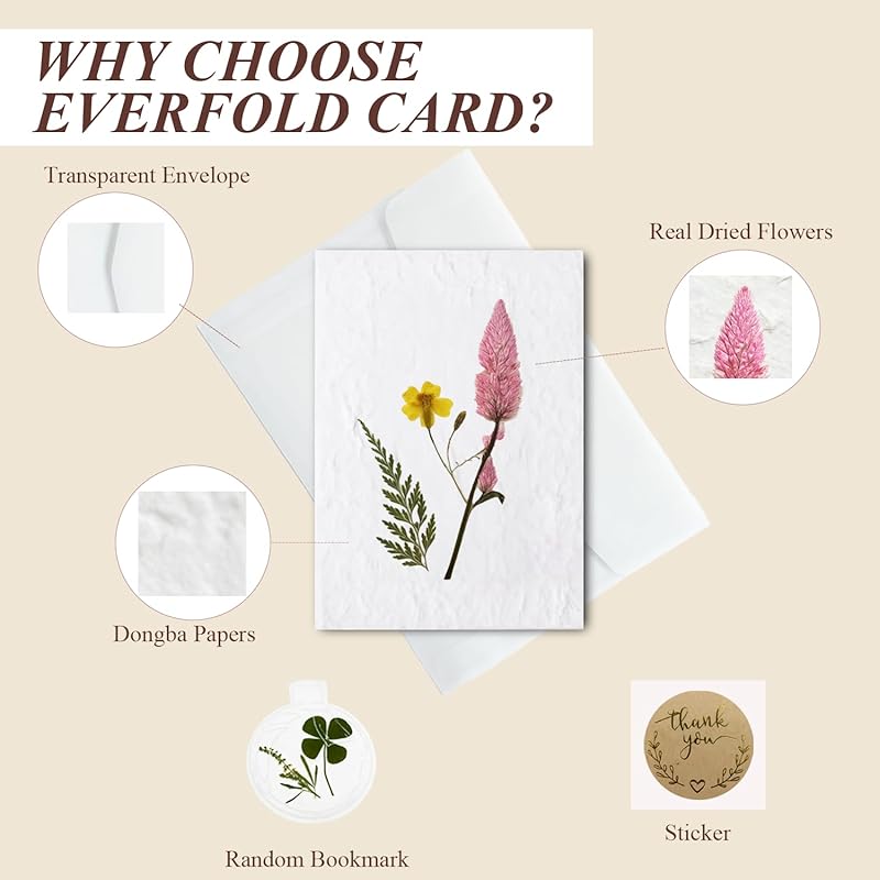 Handmade Pressed Flower Notecard Set with Real Flowers, 4x6 inches, Dongba Paper, Translucent Envelope, 3-Piece Gift Set, Perfect for Business, Birthday, Wedding, Congratulations, Gift, Thank you
