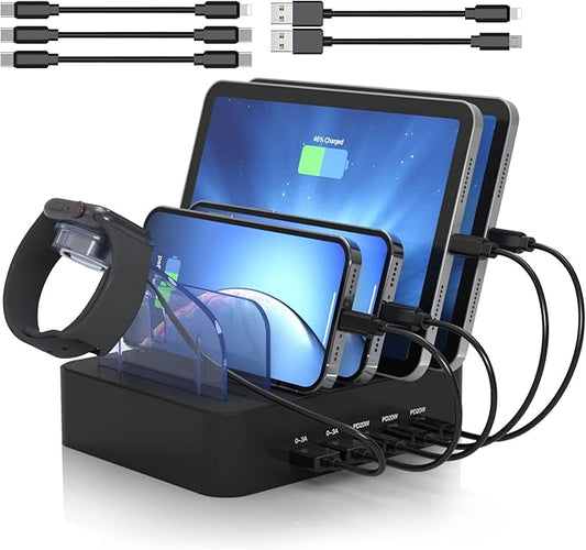 MSTJRY USB C Charging Station for Multiple Devices: 90W 5 Ports Multi Fast Charger for iPhone iPad Tablets Phone Airpods - Charging Dock Organizer with Adjustable Dividers for Home Office Classroom
