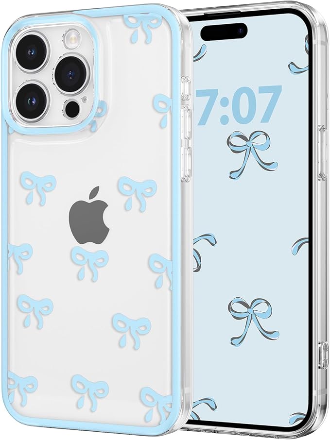 EYZUTAK Case for iPhone 15 Pro Max, Clear Cute Ribbon Bowknot Pattern Aesthetic Transparent Phone Case Raised Camera Protection Stylish Slim Soft Durable TPU Protective Cover for Women Girls - Blue