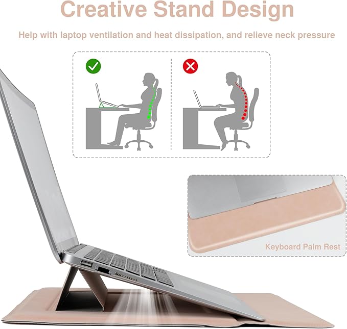 Allinside 13-14 Inch Laptop Sleeve Case for MacBook Pro 14" 2021-2024/MacBook Air 13" 2010-2017/MacBook Pro 13" 2010-2015, Waterproof PU Leather Sleeve Cover with Stand & Accessory Pouch, Pale Pink
