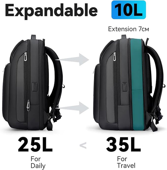 Muzee Business Backpack for Men, Travel Laptop Backpack Fits 15.6 Inch, Waterproof Expandable Bag 25L-35L, Black Work Daypack with USB & USB-C Charging Ports, Anti-Theft Pocket, Luggage Strap