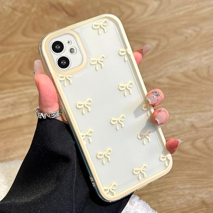 EYZUTAK Case for iPhone 12, Clear Cute Ribbon Bowknot Pattern Aesthetic Transparent Phone Case Raised Camera Protection Stylish Slim Soft Durable TPU Protective Cover for Women Girls - Yellow