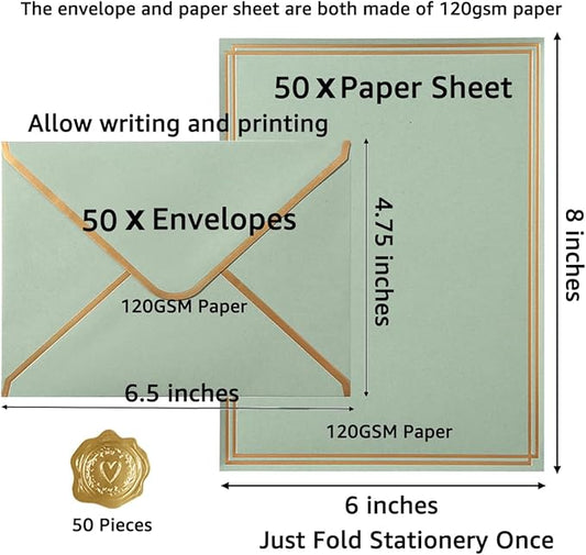 50 Pack Stationery Set with Gold Border, A6 Envelopes and 6x8 Paper Sheets and Stickers for Writing Letters (Sage-Green, 6x8 Inches)