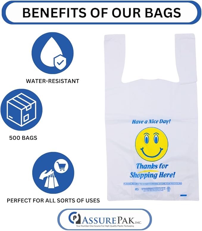 White Happy Face/Smiling Face HDPE T-Shirt Bags - 500 Bags - for Retail, Groceries, Merchandise, Convenience Store, Supermarket, Restaurant - 11.5"x 6"x 21" - 18 microns - White