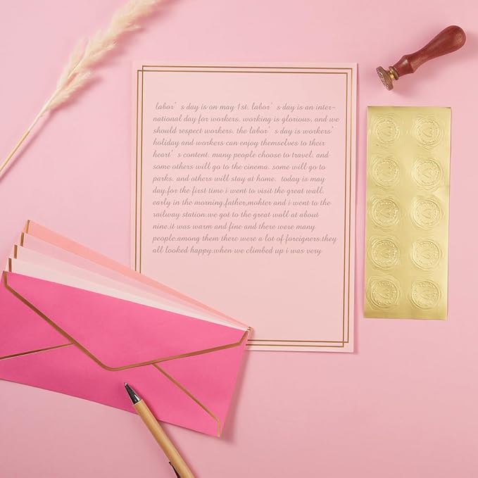 50 Pack 5 Colors Stationery Set with Gold Border, #10 Business Envelopes and 8.5x11 Paper Sheets and Stickers for Writing Letters (Pink)
