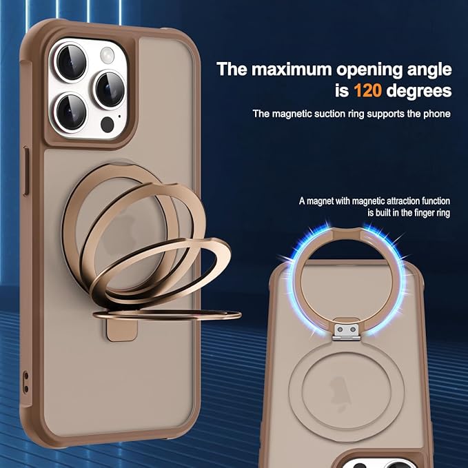 Compatible with iPhone 15 Pro Max Case with Invisible Magnetic O-Ring Stand Military-Grade Translucent Case for iPhone 15 ProMax 6.7" [Compatible with Mag-Safe][Great Grip Feeling],Desert Brown
