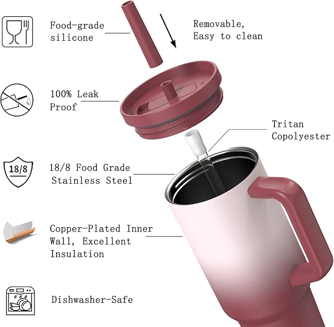 TILUCK 40 oz Tumbler with Handle, Vacuum Insulated Stainless Steel Travel Mug with 100% Leak-Proof Silicone Straw Lid, Cupholder Friendly Water Bottle(BurgundyGradient, 40oz)