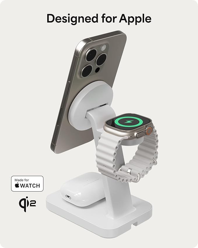 Mophie Snap+ 3-in-1 Wireless Charging Stand - MagSafe & Qi2 Certified, Compatible w/iPhone 17/16/15/14/13/12, Apple Watch, AirPods - Multi-Device Magnetic Charging Station, Eco-Friendly Design, White