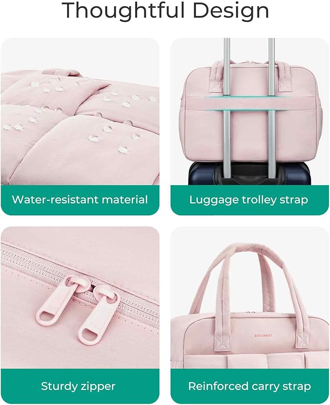 BAGSMART Gym Bag for Women, 24L Puffer Travel Duffle Bag for Travel with Laptop Compartment, Weekender Bags for Women, Carry On Duffel Bag Personal Item Bag, Baby Pink