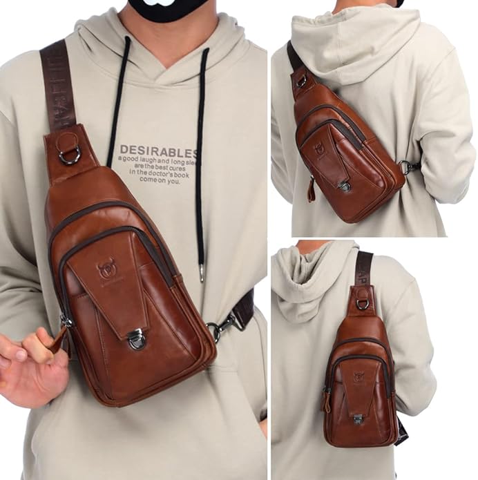 KPYWZER Vintage Leather Sling Bag Backpack for Men Crossbody Shoulder Chest Day Pack Backpacks