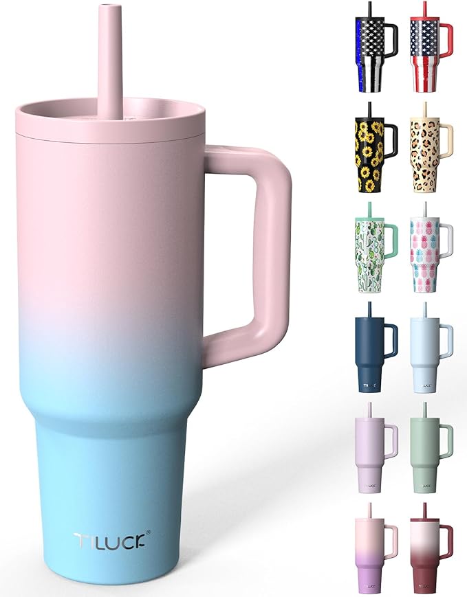 TILUCK 40 oz Tumbler with Handle, Vacuum Insulated Stainless Steel Travel Mug with 100% Leak-Proof Silicone Straw Lid, Cupholder Friendly Water Bottle(PinkBlueGradient, 40oz)