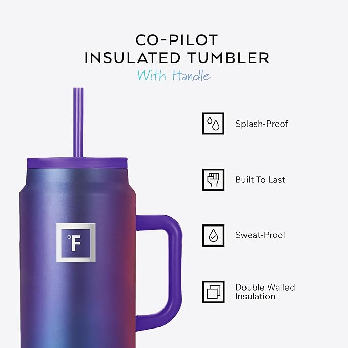 IRON °FLASK Co-Pilot Insulated Mug w/Straw & Flip Cap Lids - Cup Holder Bottle for Hot, Cold Drink - Leak-Proof - Water, Coffee Portable Travel Mug - Sage, 50 Oz