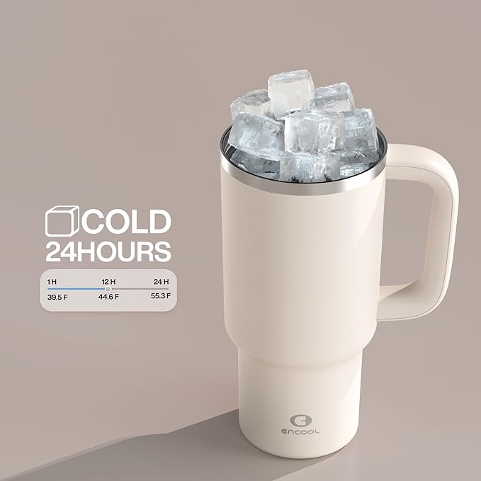 32 oz Tumbler with Handle and Straw: Stainless Steel Insulated Tumbler Keeps Cold for 24 Hours, Leakproof Travel Cup Fits in Cup Holder and BPA-Free, Cream Moon