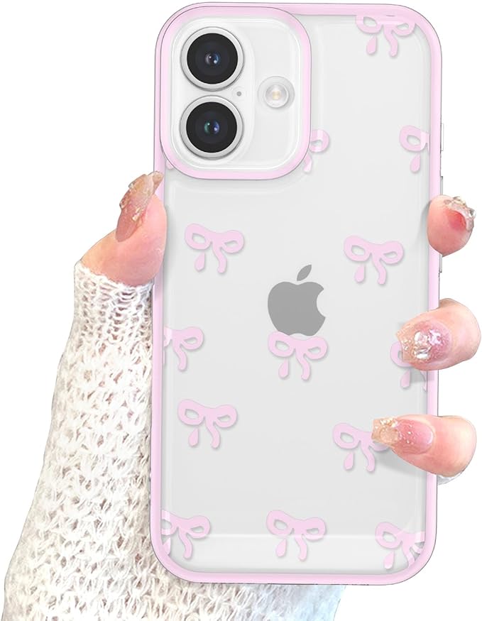 EYZUTAK Case for iPhone 17, Clear Cute Ribbon Bowknot Pattern Aesthetic Transparent Phone Case Raised Camera Protection Stylish Slim Soft Durable TPU Protective Cover for Women Girls - Pink