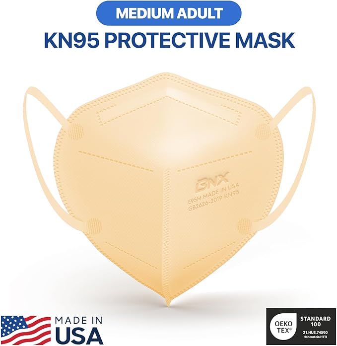 BNX KN95 Face Masks Made in USA (Adult Large, Adult Medium, Kids Small) (Earloop) (Model: E95/E95M/E95S)