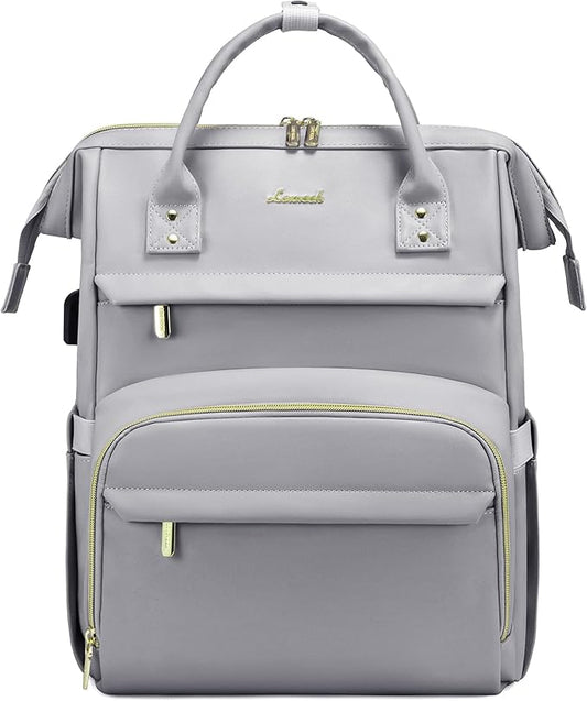 LOVEVOOK Leather Laptop Backpack for Women 15.6 inch,Travel Backpack Purse Nurse Teacher Backpack Computer Laptop Bag,Professional College Business Work Carry On Backpack with USB Port,Elephant Grey