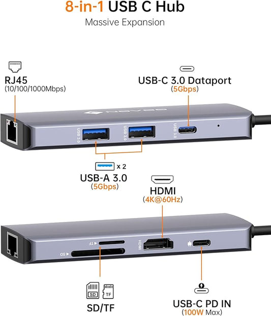 NOVOO USB C Hub 4K@60Hz HDMI Gigabit Ethernet 8-in-1 USB C Adapter Multiport with HDMI,PD 100W,2 USB-A, 1 USB-C Dataport,SD&TF Docking Station for iPhone 15,MacBook Air/Pro M2, Dell, XPS 15,HP, Lenovo