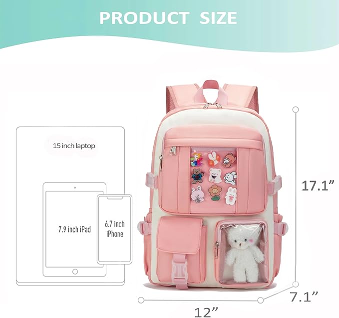 Kawaii Backpack for Teen Girls, Cute Aesthetic High Middle School College Bookbag with Accessories，Pink Beige