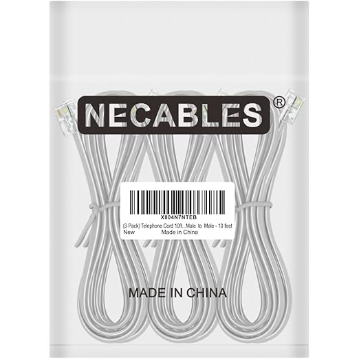 NECABLES 3Pack Phone Cord 10ft Telephone Cord Phone Cable RJ11 6P4C Male to Male for Landline and Fax - 10 Feet