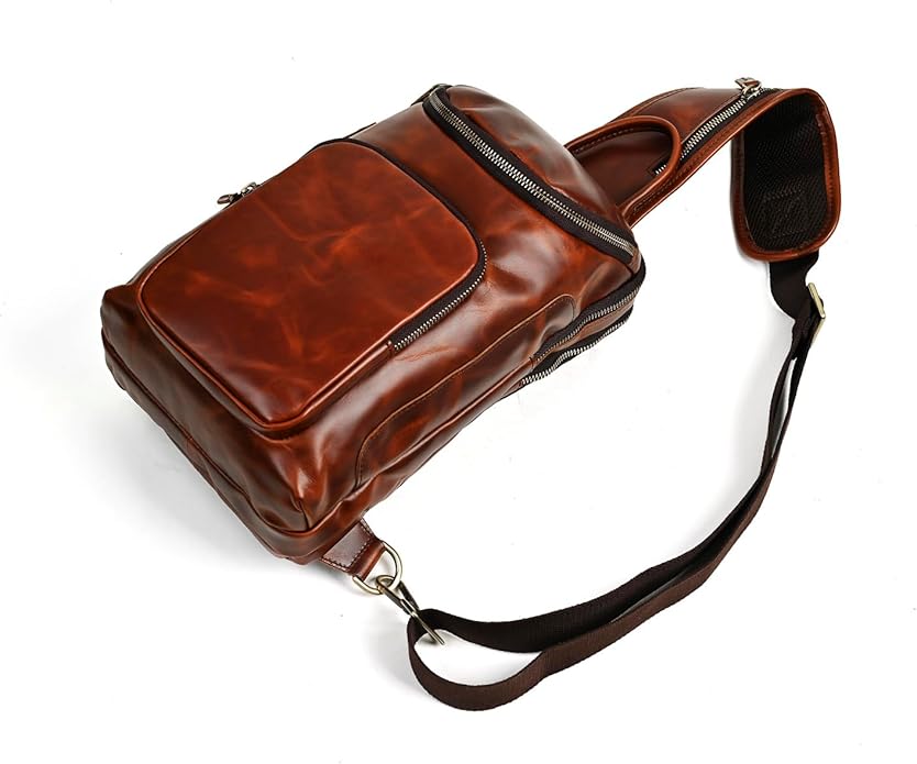 Thick Crazy horse Leather Triangle Crossbody Sling Chest Bag Travel One Shoulder Bag Daypack For Men Male 3028