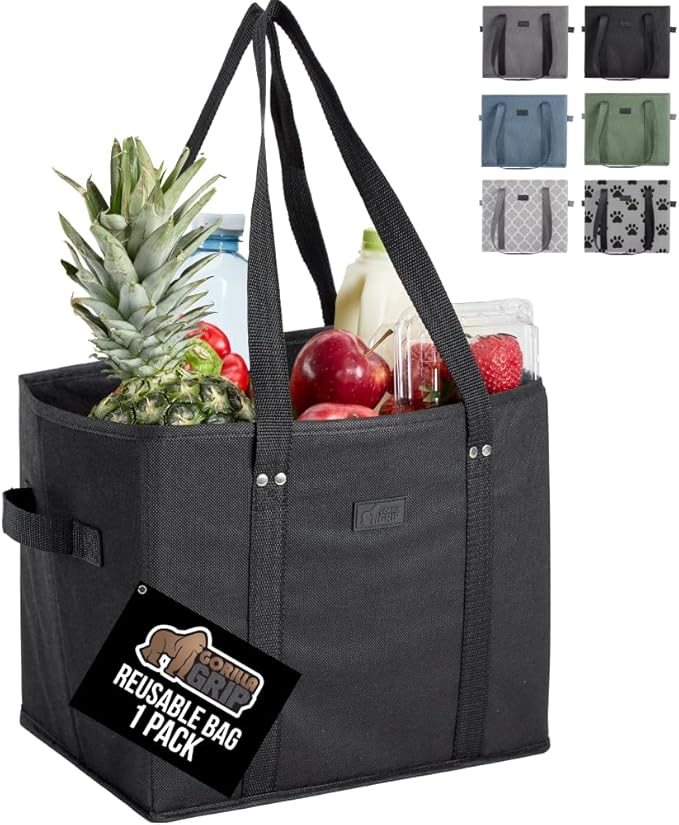 GORILLA GRIP Heavy Duty Foldable Reusable Grocery Bags, Tear Resistant Box Shape Shopping Tote with Reinforced Handles, Grip Feet, Easily Carry and Transport Groceries, 13x10x11, 1 Pack, Black