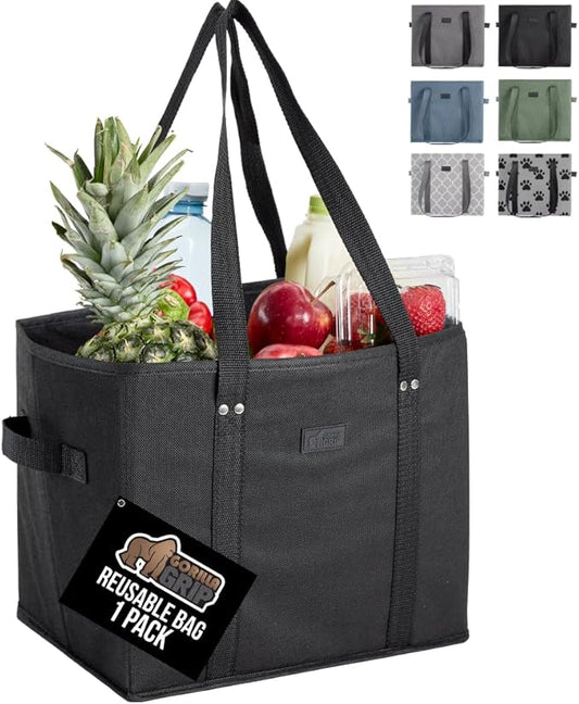 GORILLA GRIP Heavy Duty Foldable Reusable Grocery Bags, Tear Resistant Box Shape Shopping Tote with Reinforced Handles, Grip Feet, Easily Carry and Transport Groceries, 13x10x11, 1 Pack, Black