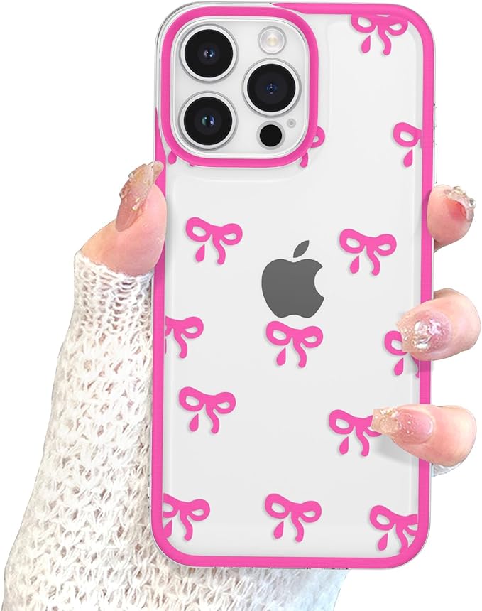 EYZUTAK Case for iPhone 12 Pro, Clear Cute Ribbon Bowknot Pattern Aesthetic Transparent Phone Case Raised Camera Protection Stylish Slim Soft Durable TPU Protective Cover for Women Girls - Rose Red