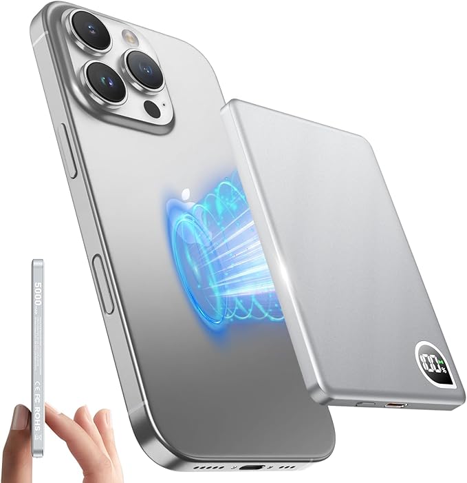 Power Bank,0.3" Ultra Slim 5000mAh Magnetic Wireless Portable Charger,with USB-C Cable Digital Display,Metal Fast Charger Battery Pack for iPhone 16/15/14/13/12 Series, Samsung Android(Silver)