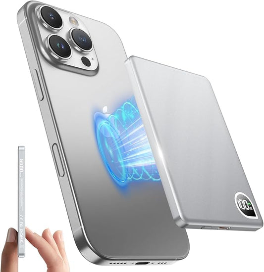 Power Bank,0.3" Ultra Slim 5000mAh Magnetic Wireless Portable Charger,with USB-C Cable Digital Display,Metal Fast Charger Battery Pack for iPhone 16/15/14/13/12 Series, Samsung Android(Silver)