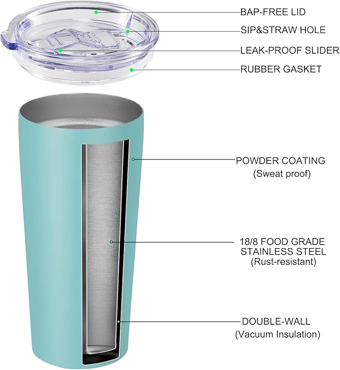 VEGOND 20oz Tumbler Bulk with Lid and Straw 6 Pack, Stainless Steel Vacuum Insulated Tumbler, Double Wall Coffee Cup Travel Mug, River Green