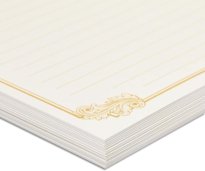 Paper Junkie Letter Paper & Envelopes Set - 60 Sheets (7.2 x 10.2 In) & 30 Ivory Envelopes (4 x 7.7 in), Gold Border, 100 GSM - Vintage Lined Stationery for Love Letters & Invitations