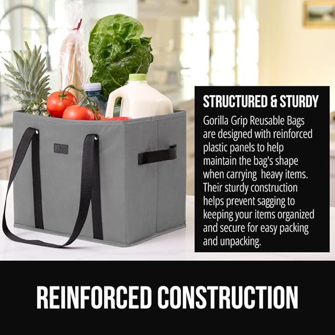GORILLA GRIP Heavy Duty Foldable Reusable Grocery Bags, Tear Resistant Box Shape Shopping Tote with Reinforced Handles, Grip Feet, Easily Carry and Transport Groceries, 13x10x11, 1 Pack, Gray Black
