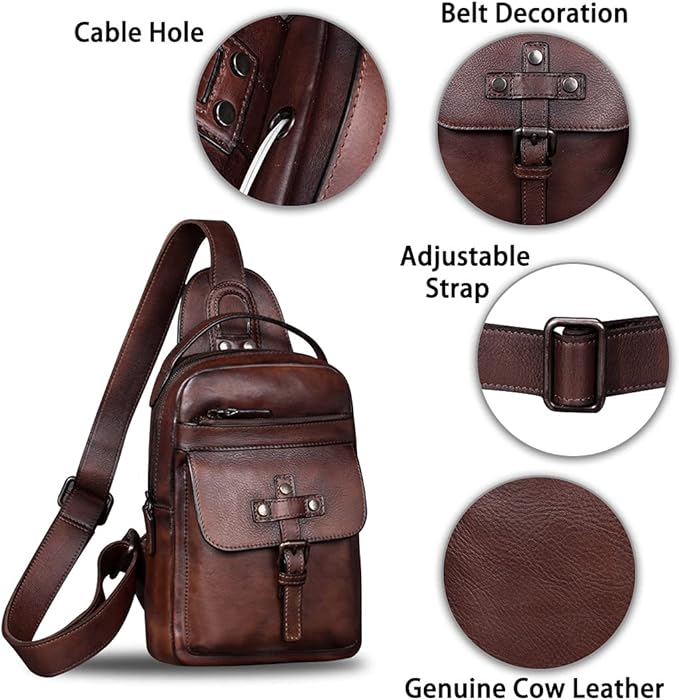 IVTG Genuine Leather Sling Bag Chest Shoulder Fanny Bag Hiking Backpack Vintage Handmade Crossbody Daypack