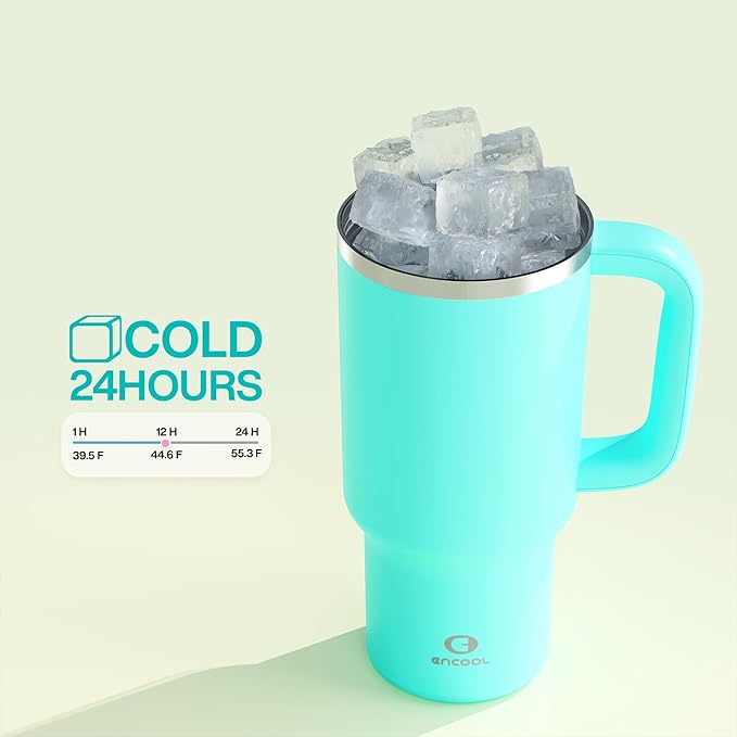 32 oz Tumbler with Handle and Straw: Stainless Steel Insulated Tumbler Keeps Cold for 24 Hours, Leakproof Travel Cup Fits in Cup Holder and BPA-Free, Aquamarine Blue