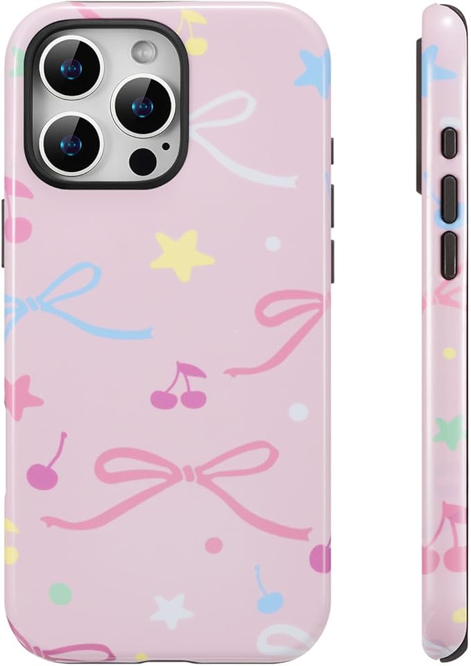 QLTYPRI Case for iPhone 15 Pro Max, Aesthetic Colorful Bow Cherry Stars Phone Case for Girls Women, Protective Hybrid 2-Layer Hard Shell Silicone Cover Durable Shockproof Phone Cover - Pink