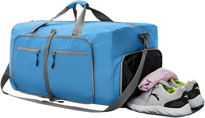 Dimayar Travel Duffle Bag for Men Women - Foldable Duffel Bag with Shoes Compartment - Overnight Bags Waterproof & Tear Resistant(40L,Light Blue)