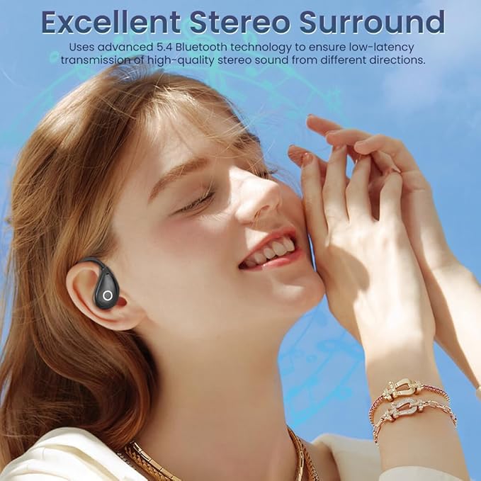 Open Ear Earbuds Wireless Bluetooth Headphones, 60Hrs Playtime Stereo Sound Earphones with IPX7 Waterproof Ear Buds, Ideal for Fitness, Travel - Black
