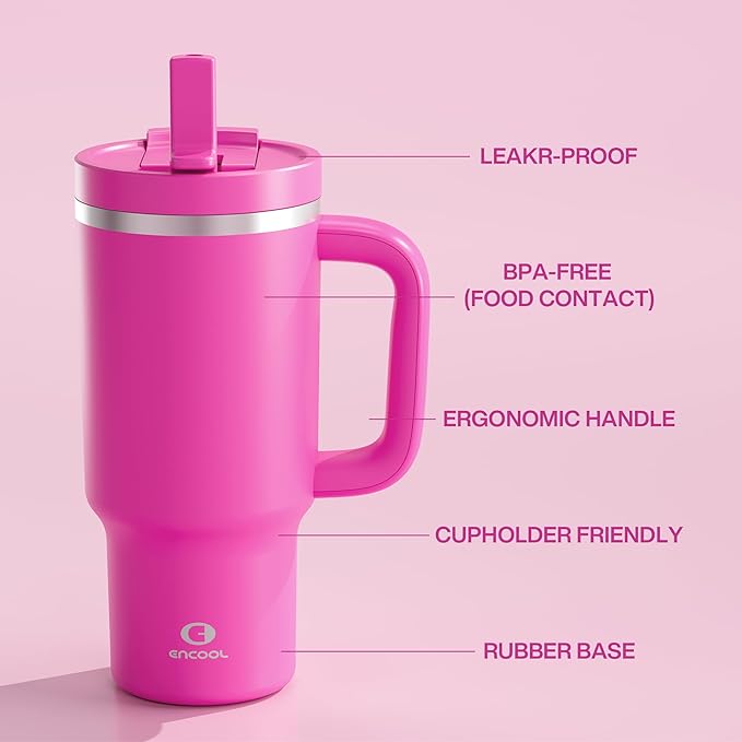 32 oz Tumbler with Handle and Straw: Stainless Steel Insulated Tumbler Keeps Cold for 24 Hours, Leakproof Travel Cup Fits in Cup Holder and BPA-Free, Persian Rose